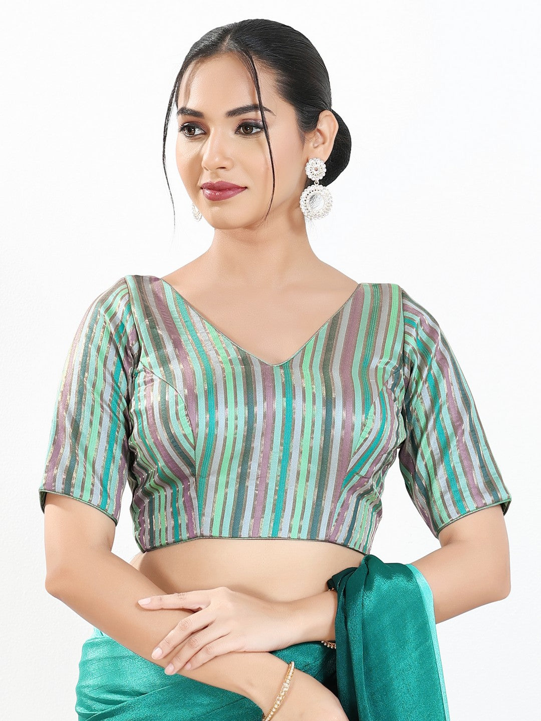 Stripe Brocade V Neck Blouse