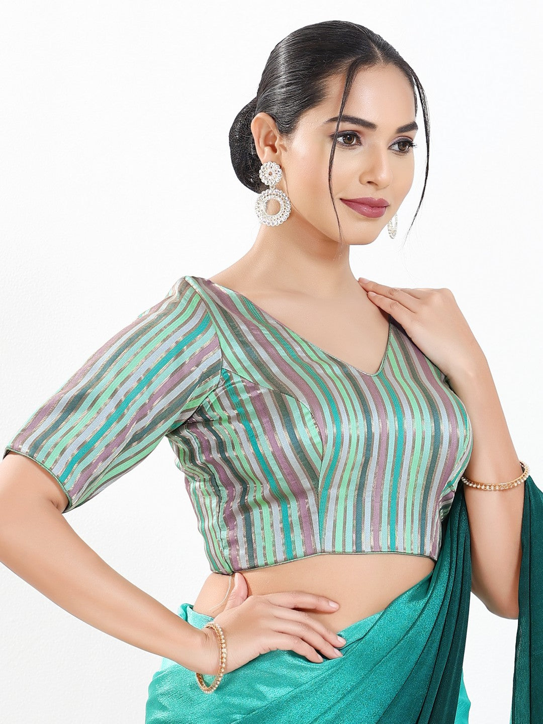 Stripe Brocade V Neck Blouse