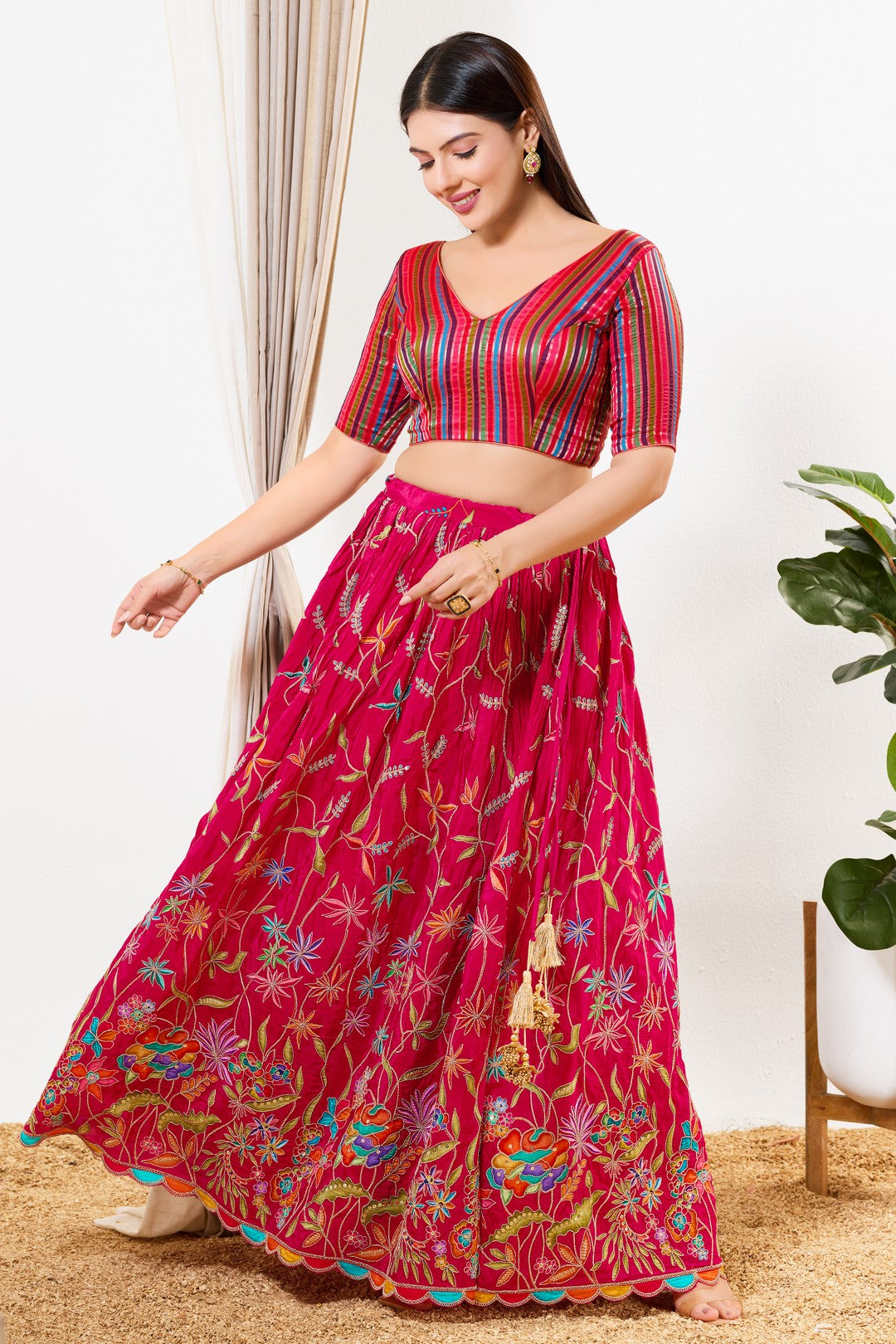 Stripe Brocade V Neck Blouse