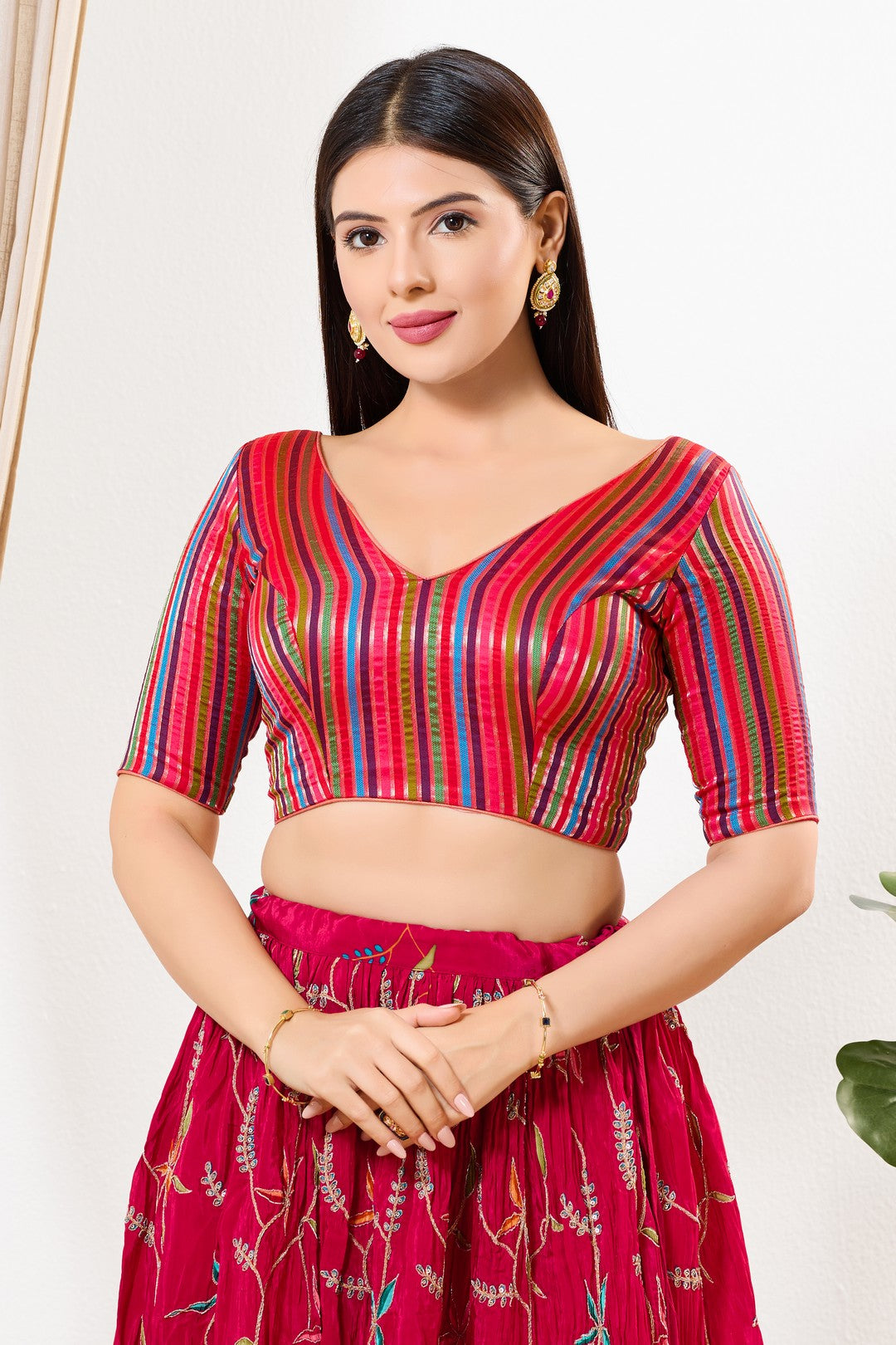 Stripe Brocade V Neck Blouse