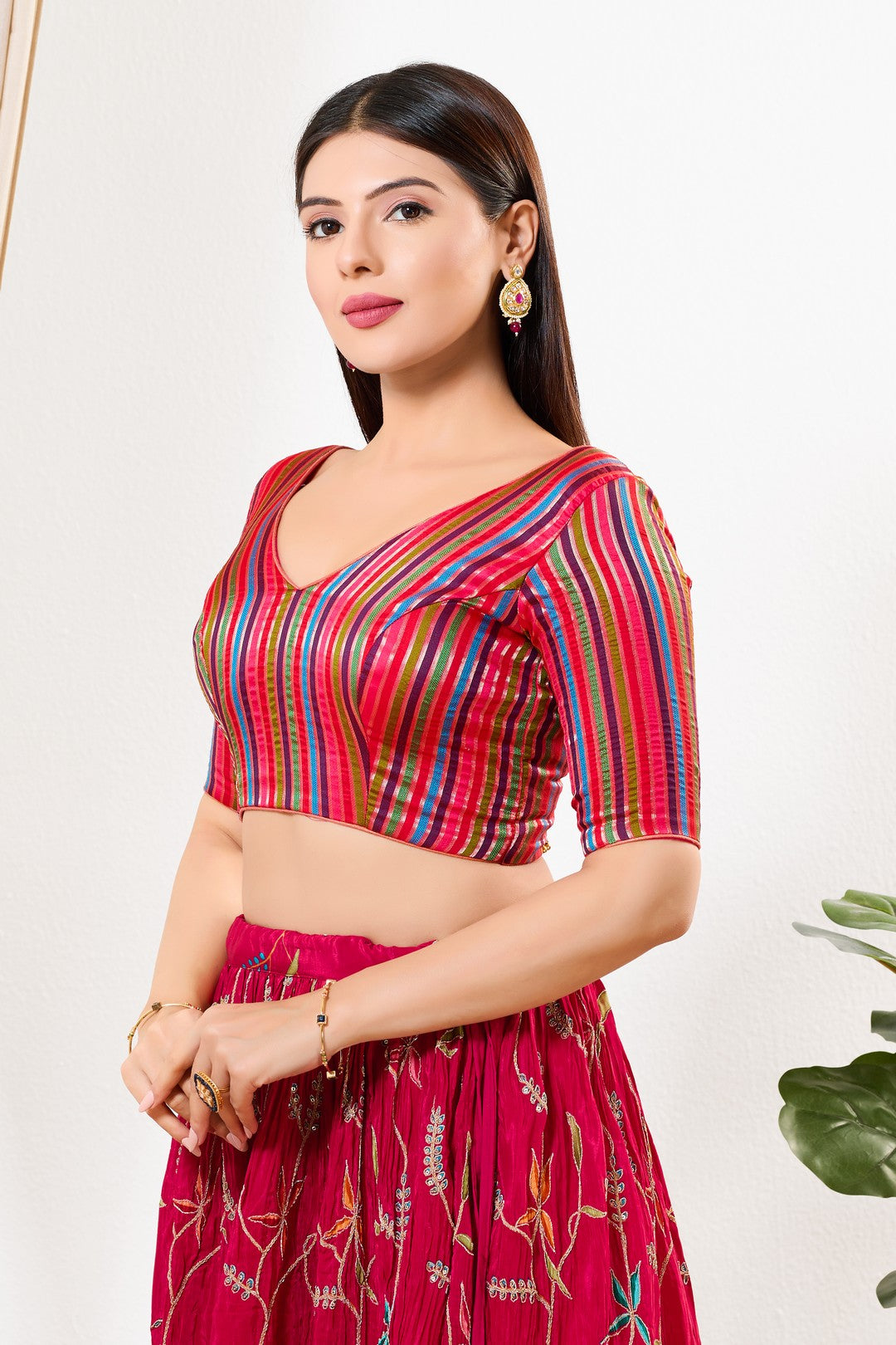 Stripe Brocade V Neck Blouse