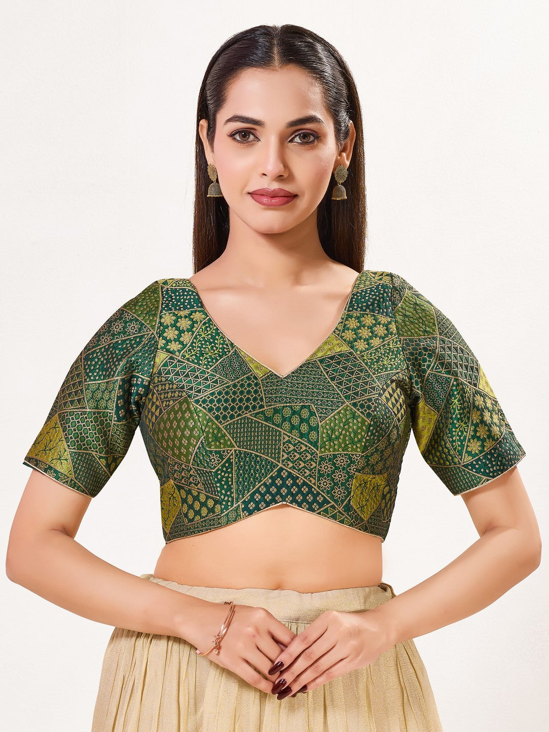 Multi Weaved Jaquard V Neck Blouse