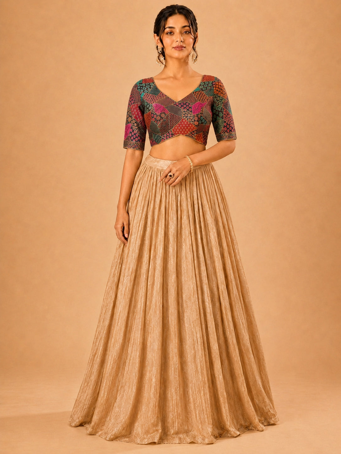 Multi Weaved Jaquard V Neck Blouse