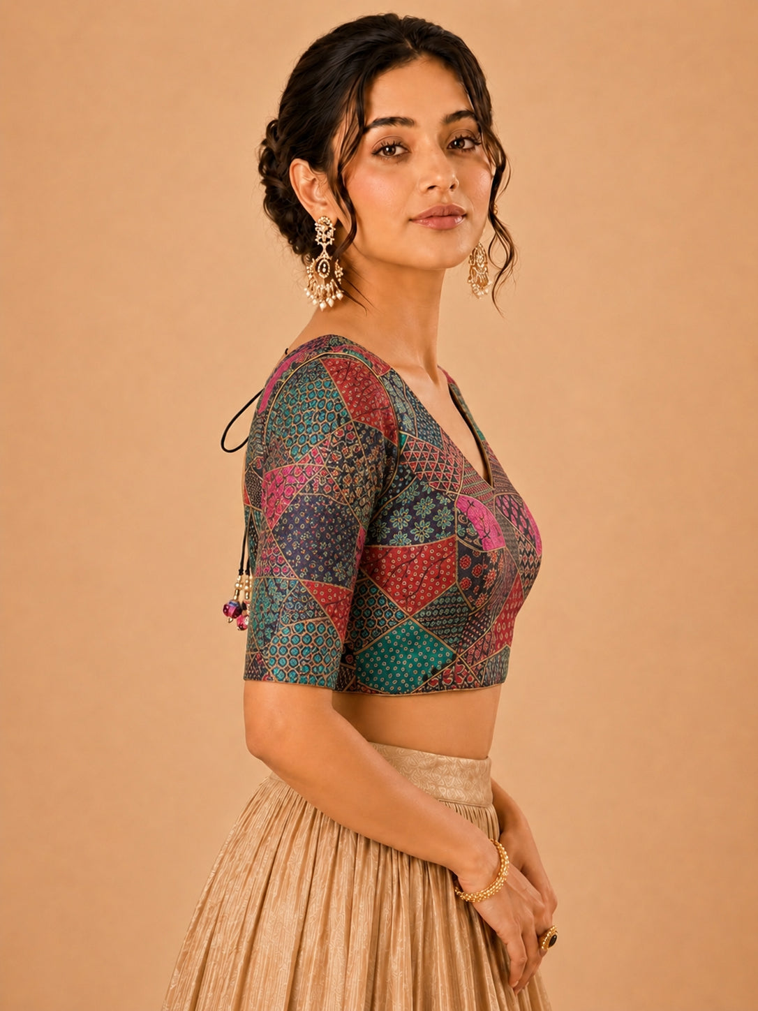 Multi Weaved Jaquard V Neck Blouse