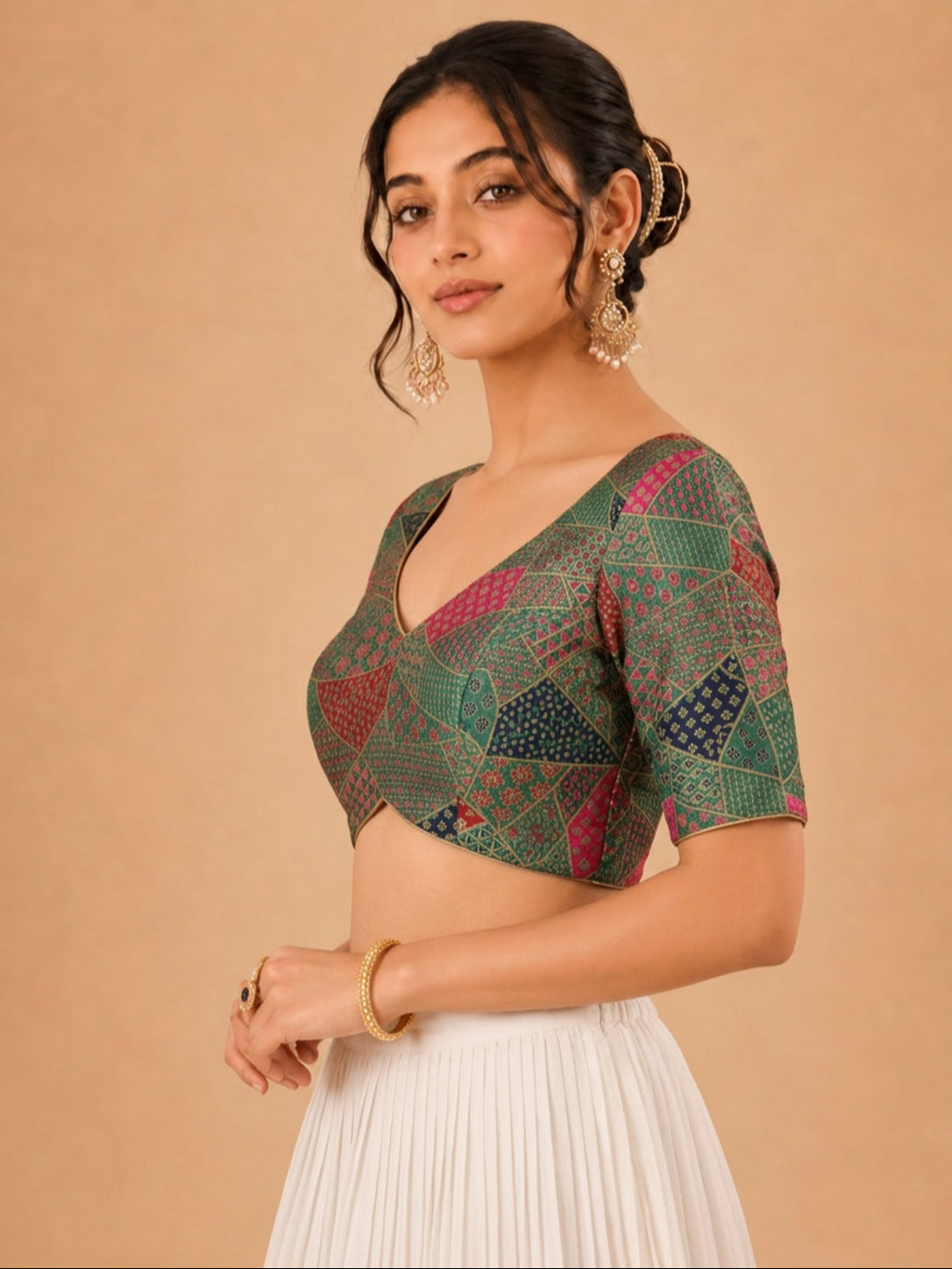 Multi Weaved Jaquard V Neck Blouse