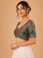 Multi Weaved Jaquard V Neck Blouse
