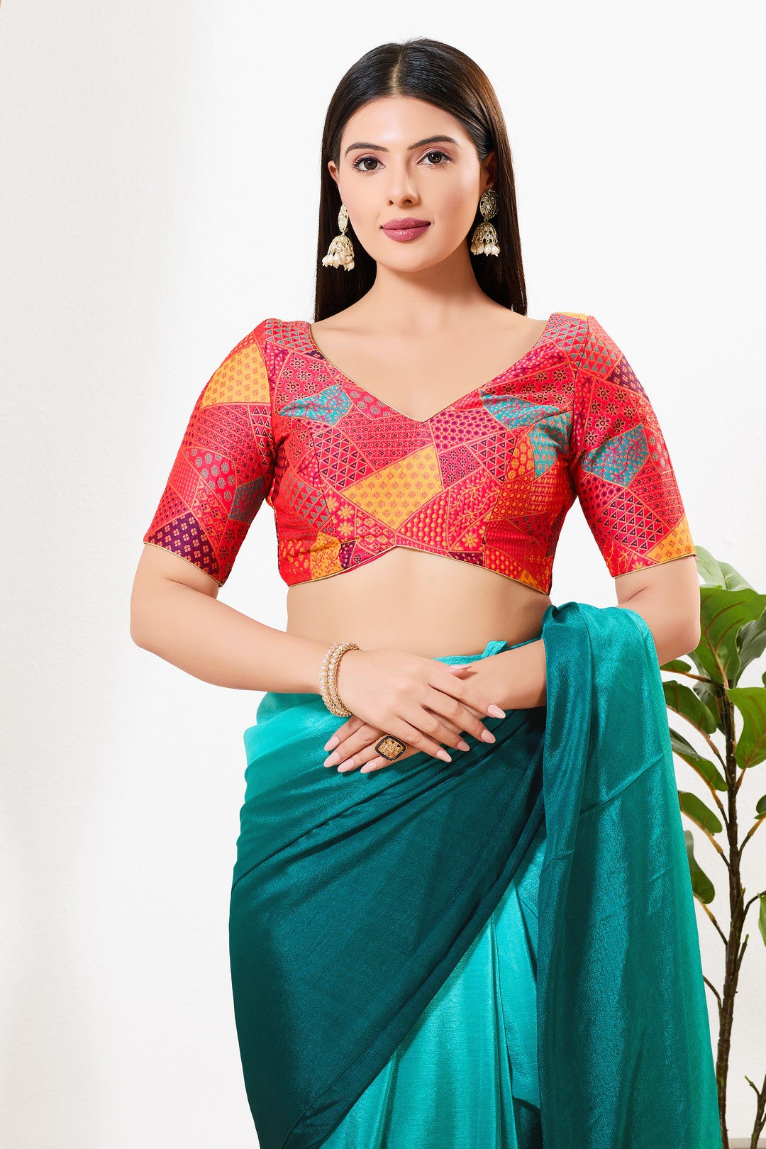 Multi Weaved Jaquard V Neck Blouse