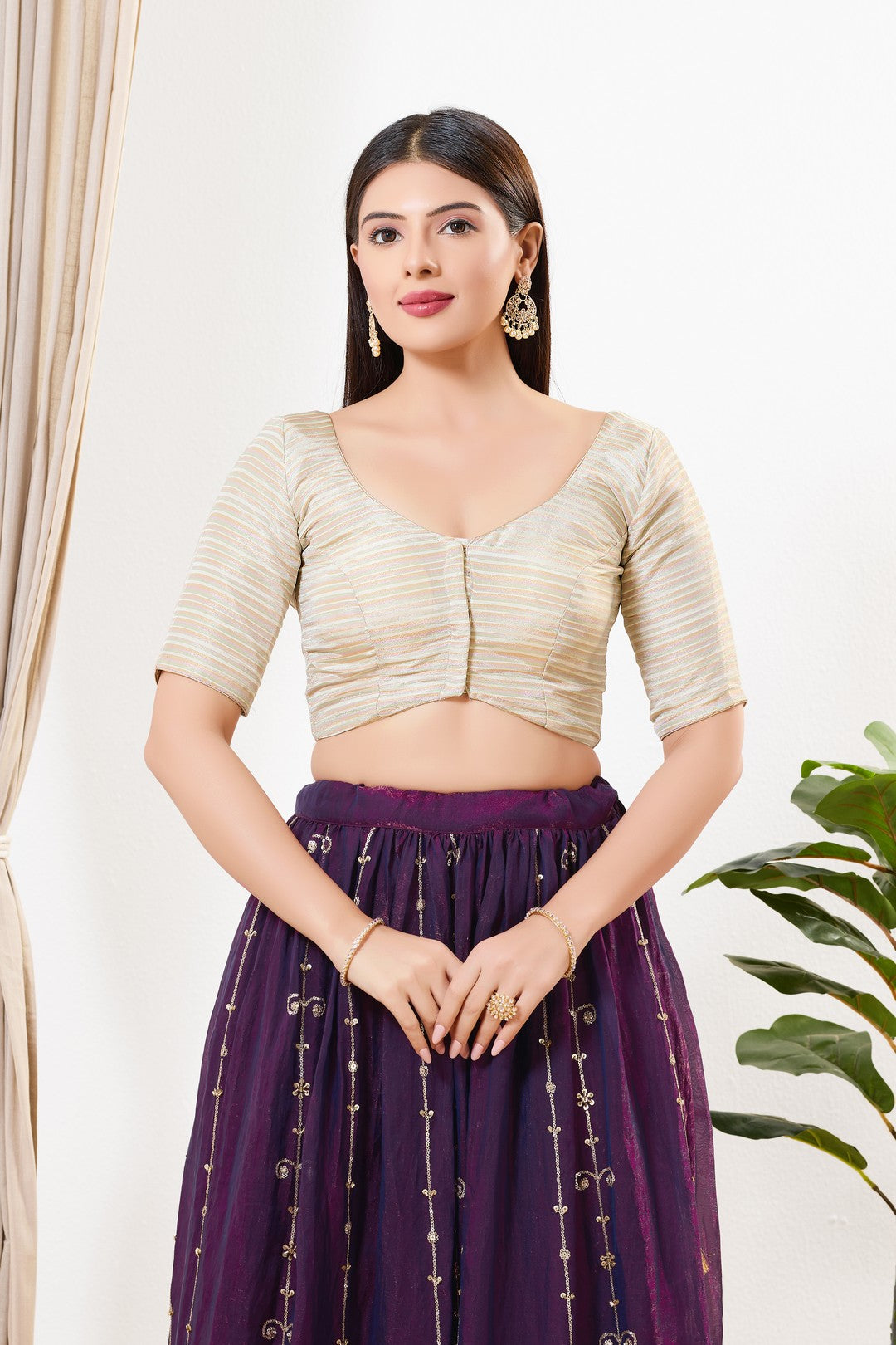 Tissue Striped Paan Neck Blouse