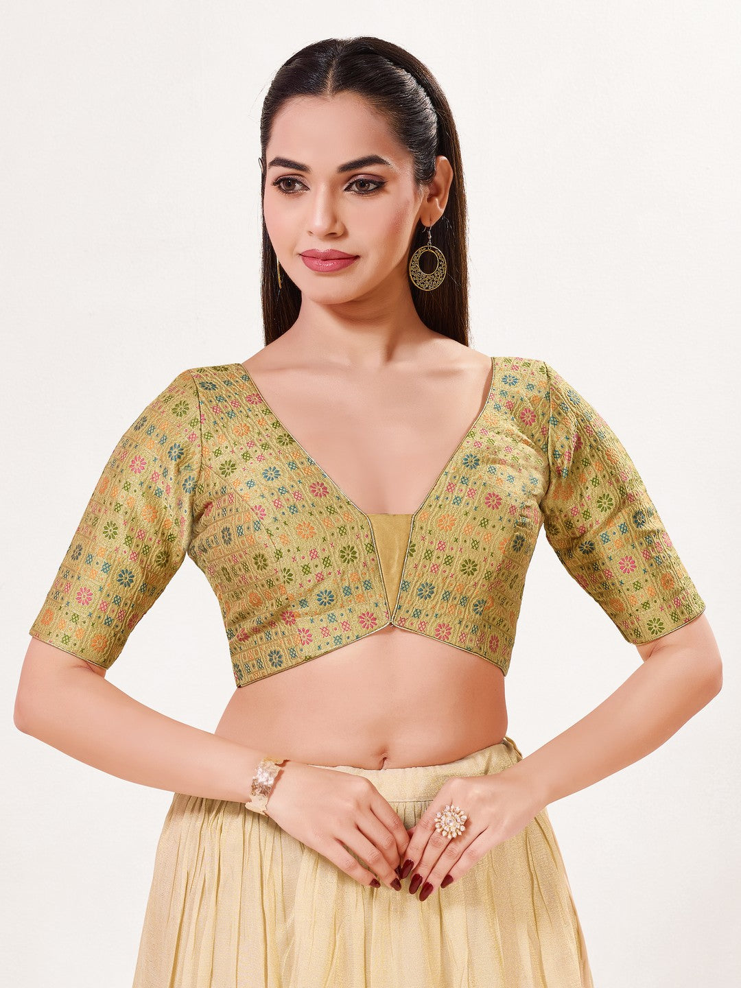 Jaquard Weaved V Neck Patcg Blouse