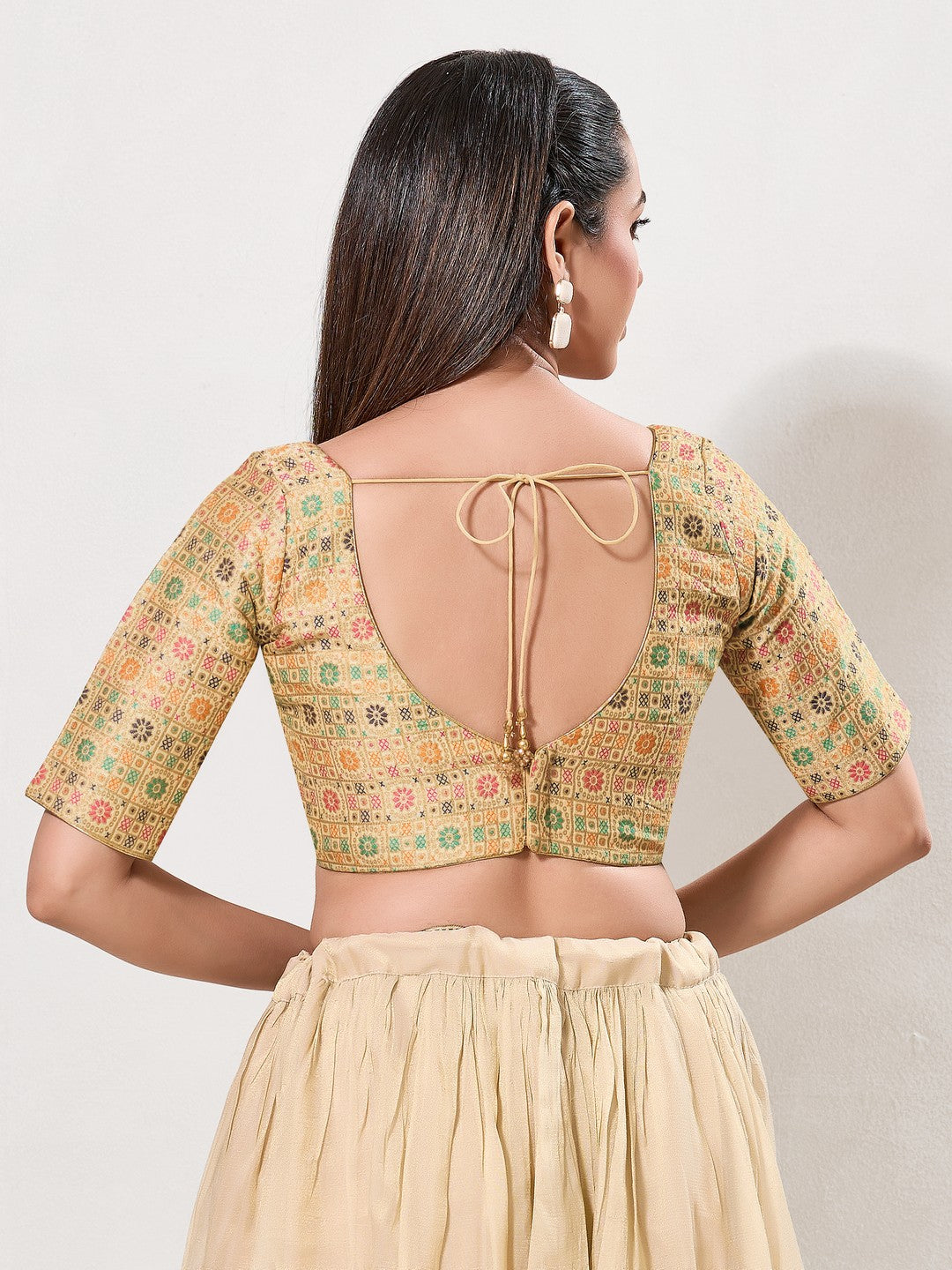 Jaquard Weaved V Neck Patcg Blouse