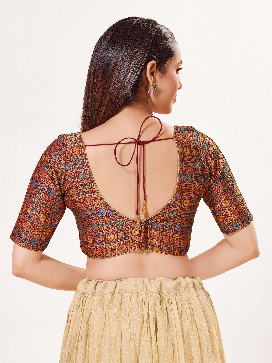 Jaquard Weaved V Neck Patcg Blouse
