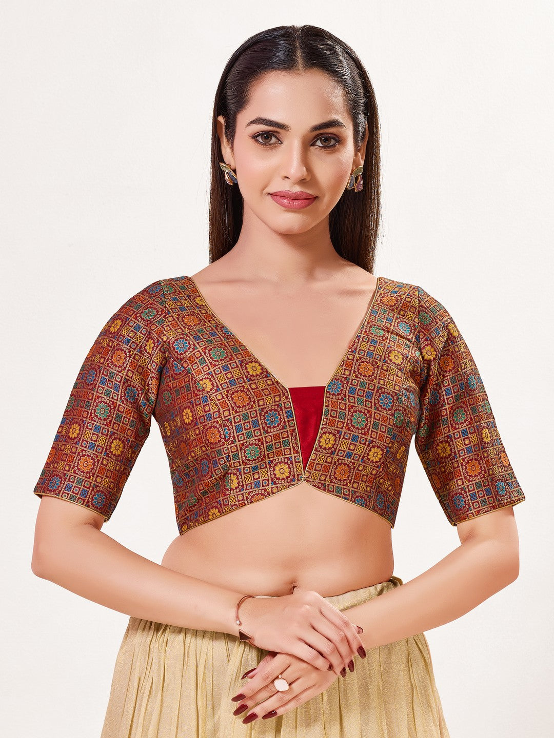 Jaquard Weaved V Neck Patcg Blouse