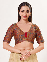 Jaquard Weaved V Neck Patcg Blouse