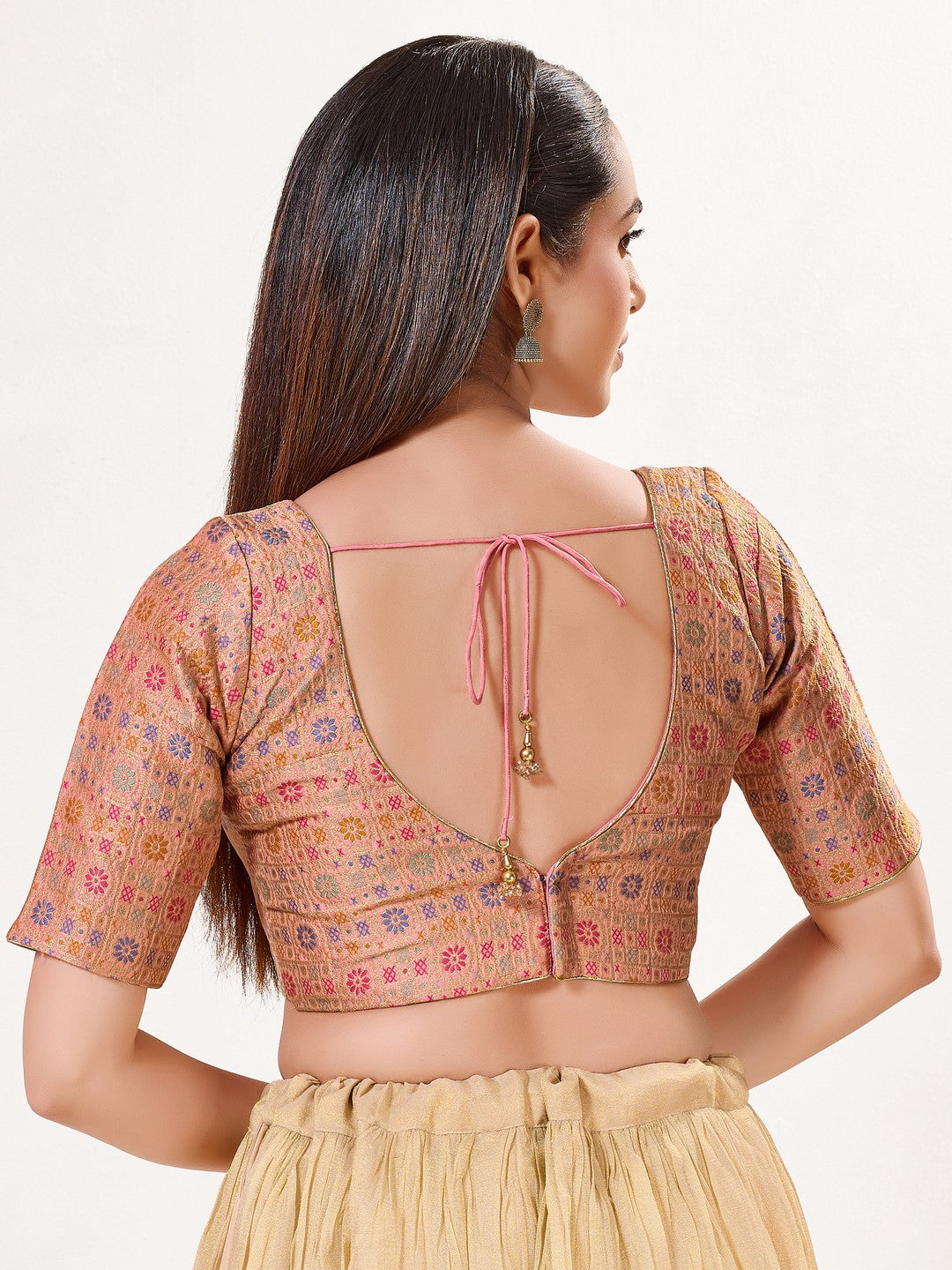 Jaquard Weaved V Neck Patcg Blouse