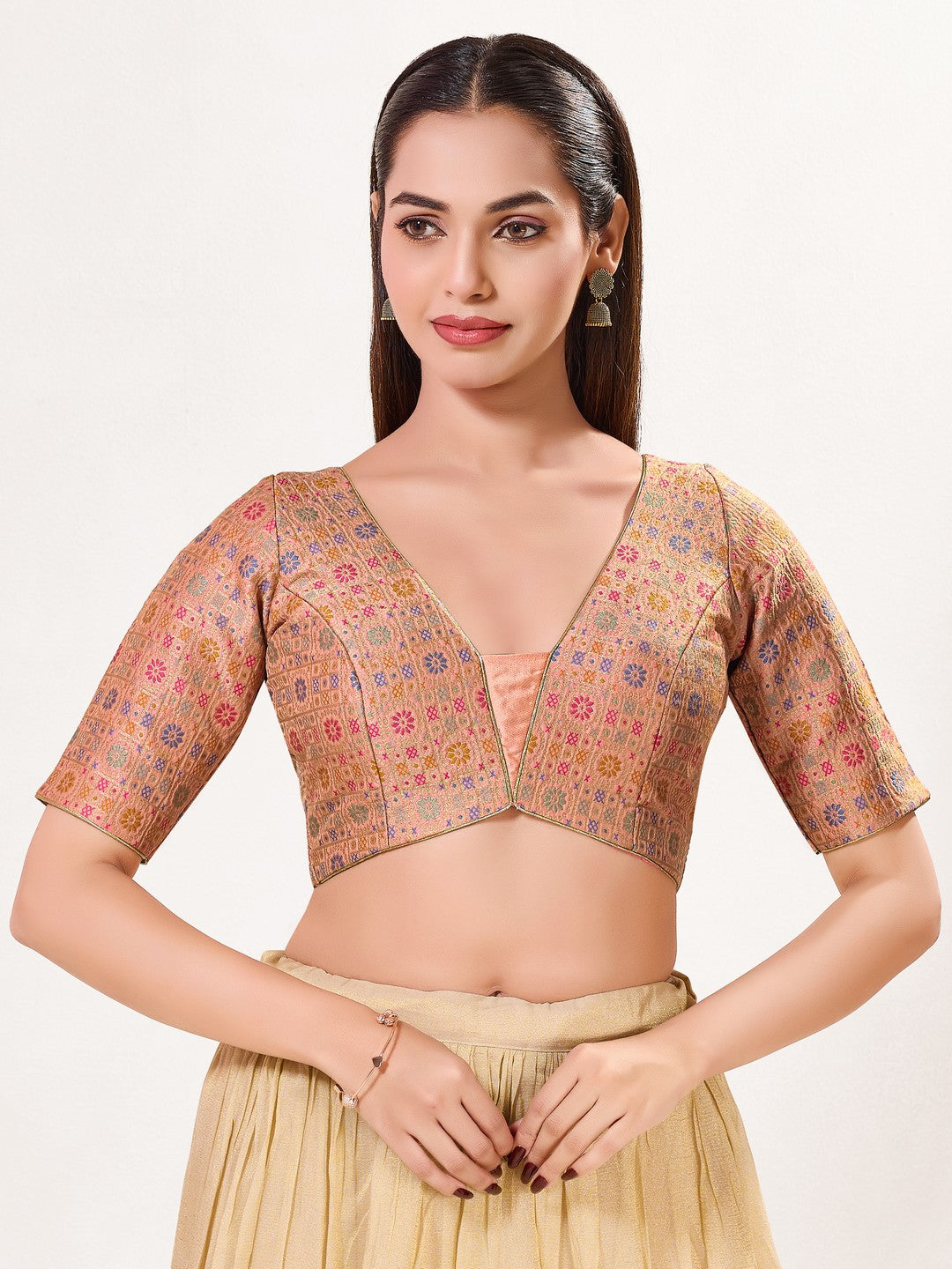 Jaquard Weaved V Neck Patcg Blouse