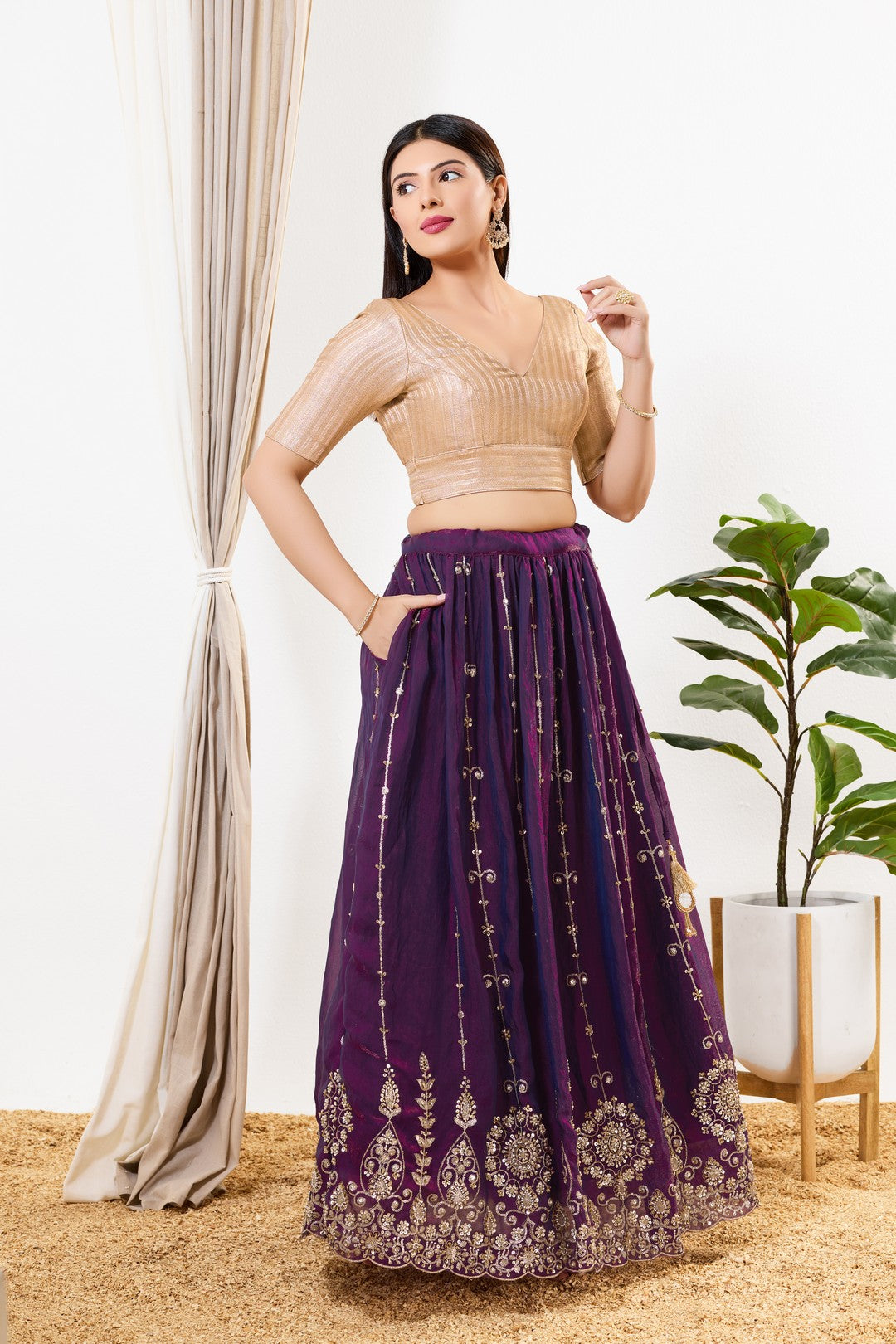Gold Brocade Yoke V Neck Blouse
