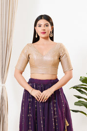 Gold Brocade Yoke V Neck Blouse
