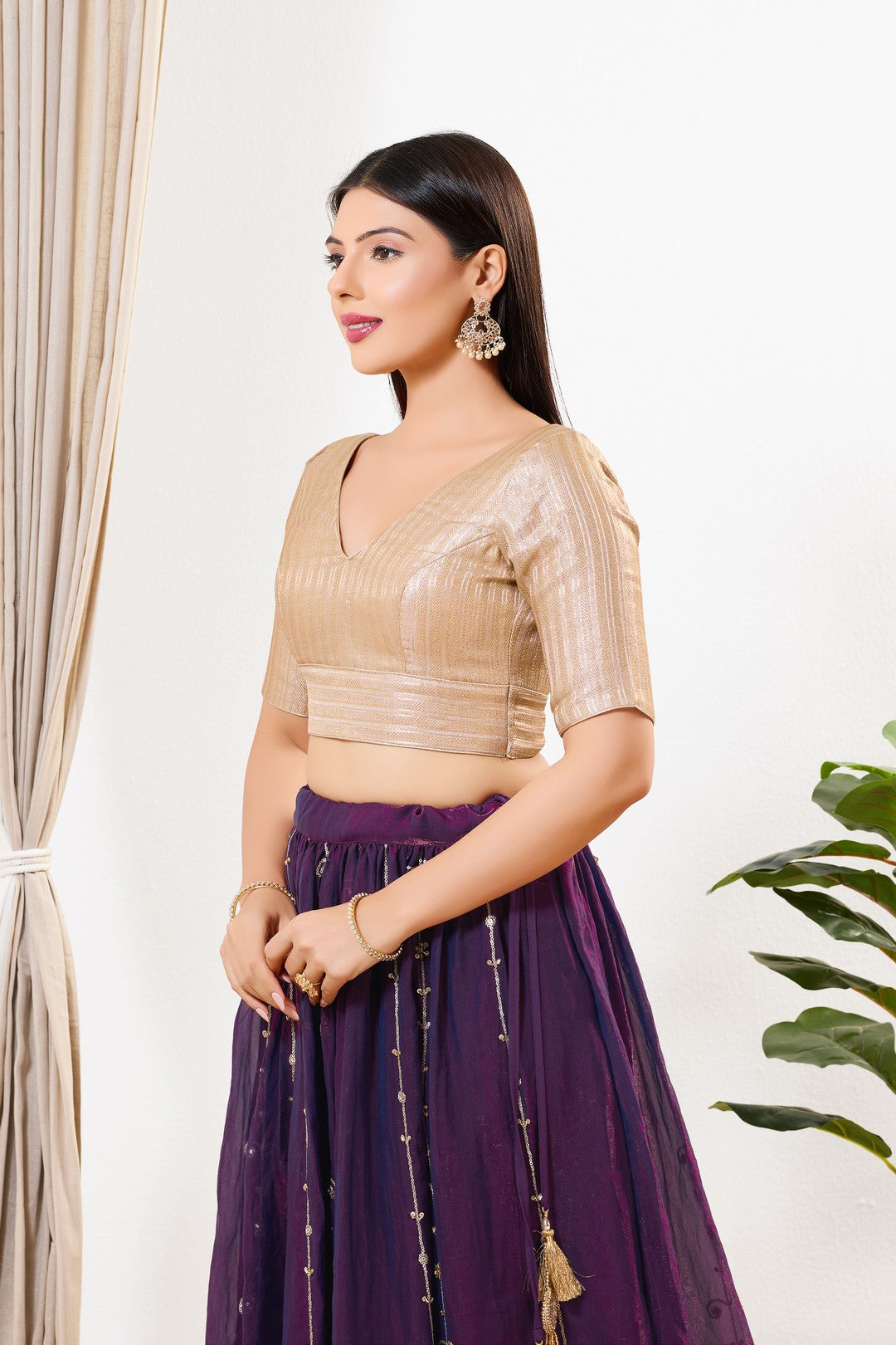 Gold Brocade Yoke V Neck Blouse
