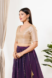 Gold Brocade Yoke V Neck Blouse
