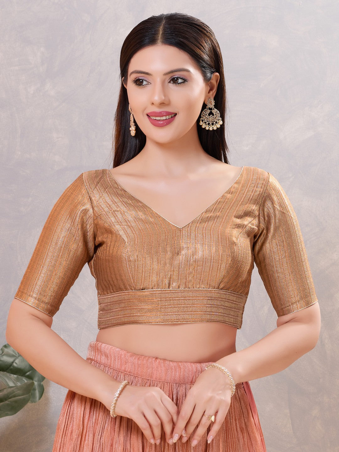 Gold Brocade Yoke V Neck Blouse