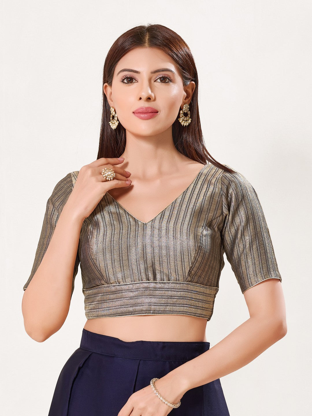 Gold Brocade Yoke V Neck Blouse