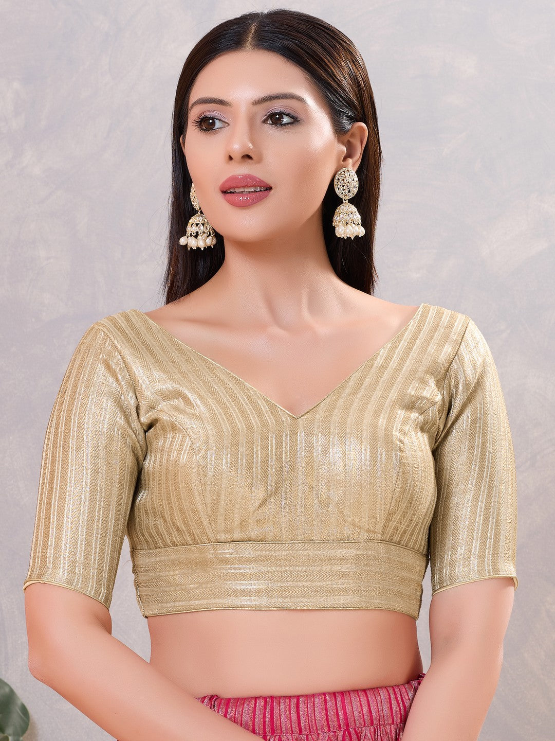 Gold Brocade Yoke V Neck Blouse