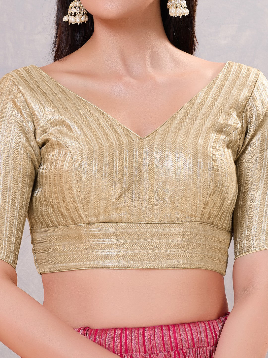 Gold Brocade Yoke V Neck Blouse