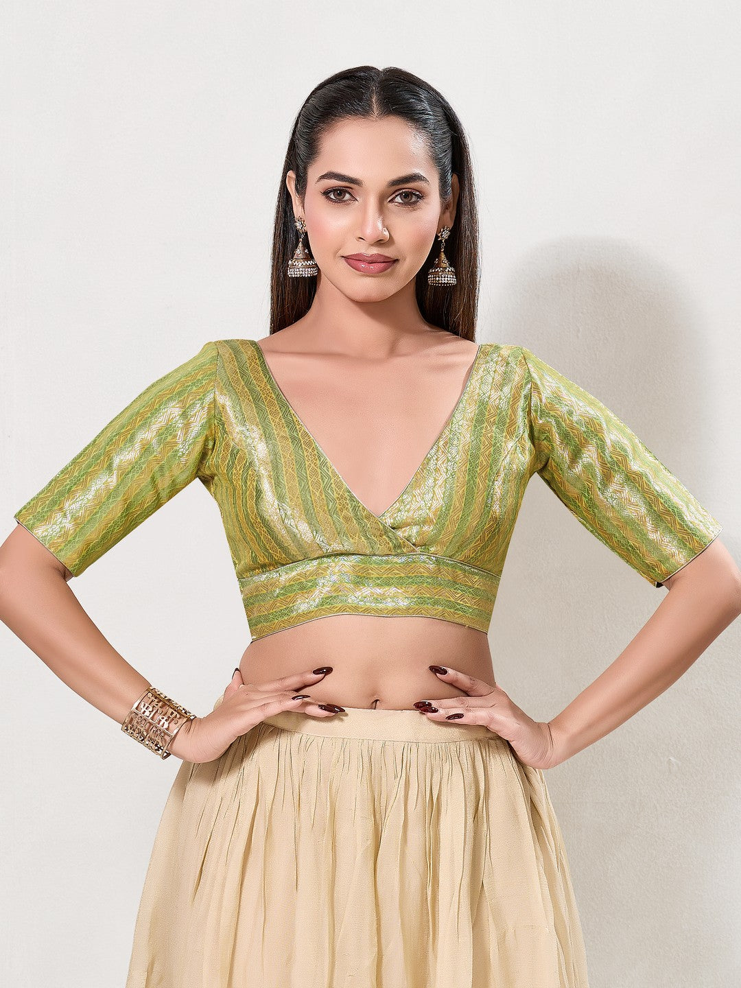Overlap Pattern Brocade Yoke Blouse