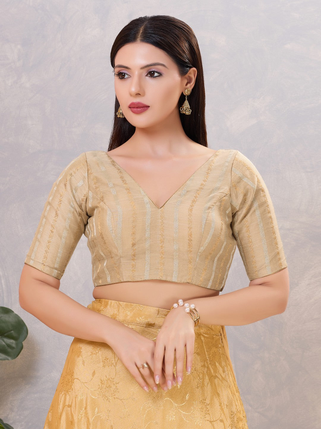 Copper Zari Lines V Neck Blouse