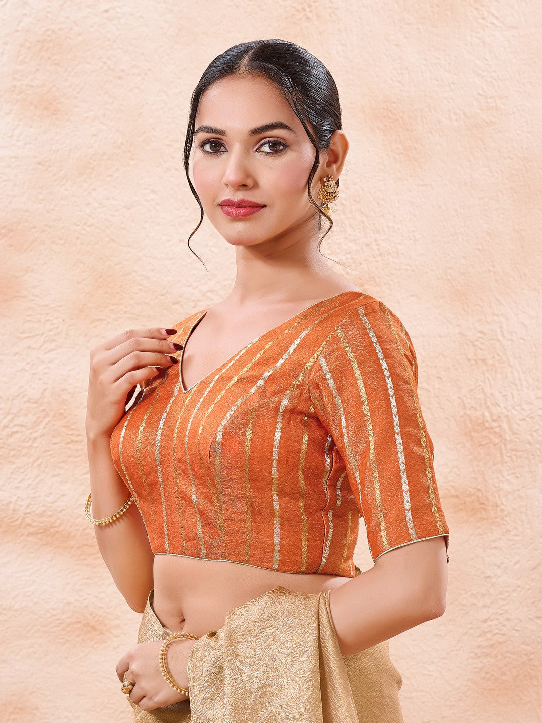 Stripe Brocade V Neck Blouse