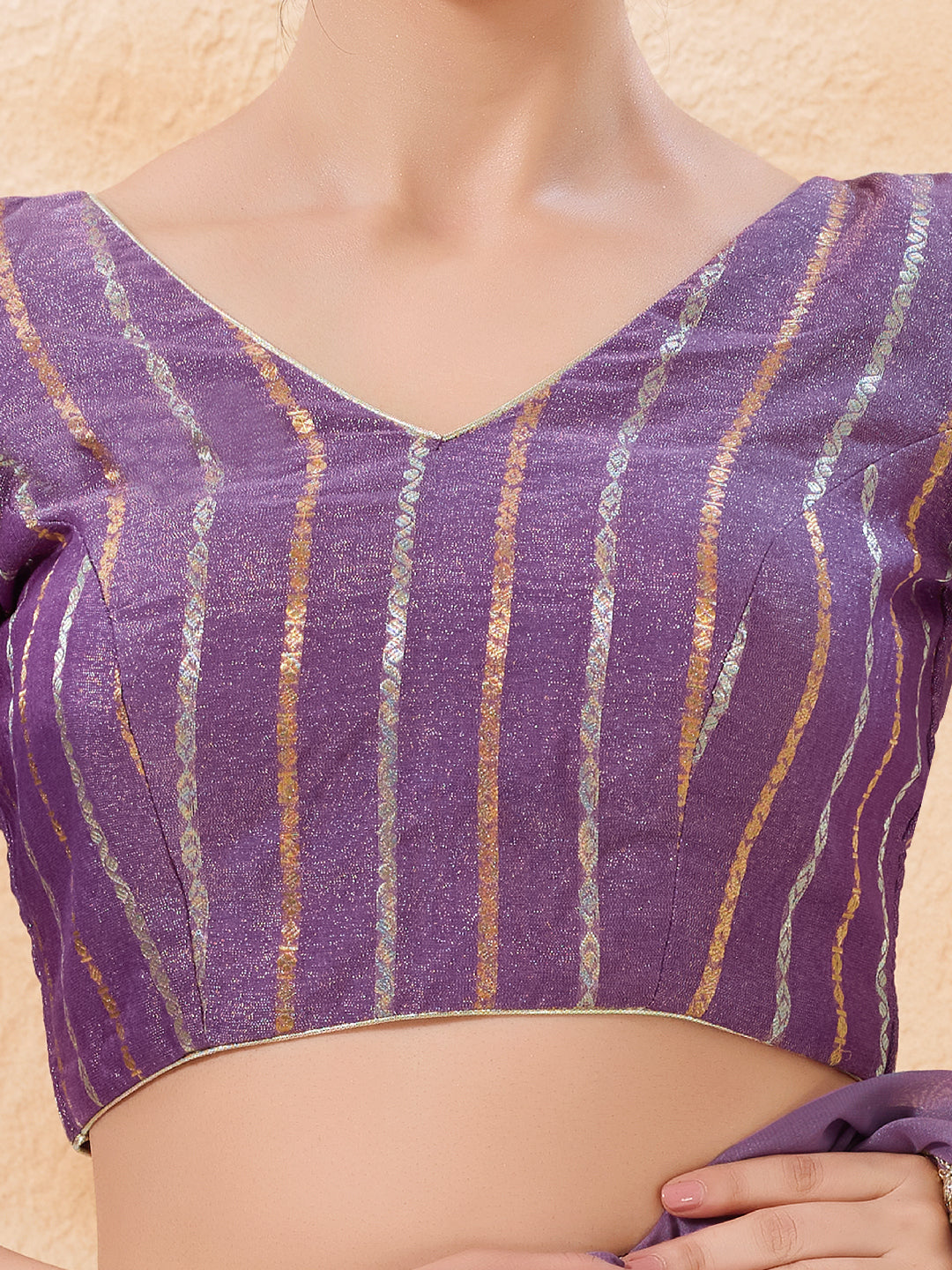Stripe Brocade V Neck Blouse