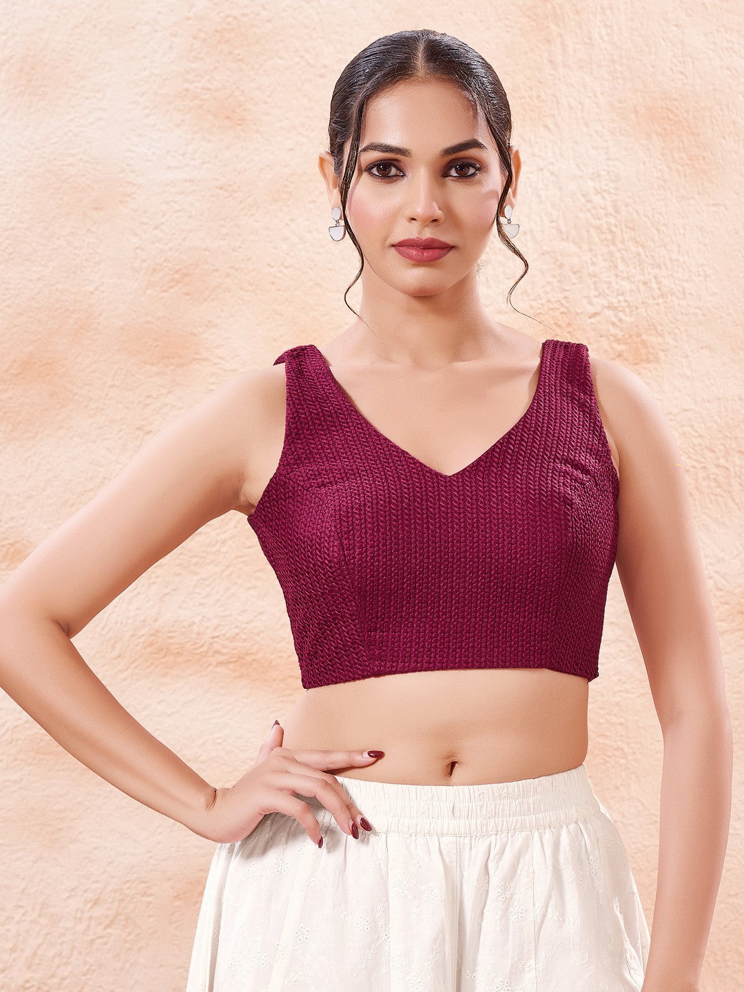 Cotton Threadwork V Neck Blouse