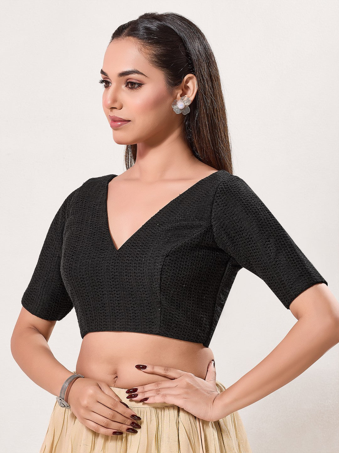 Zigzag Crocheo Elbow Sleeves Blouse