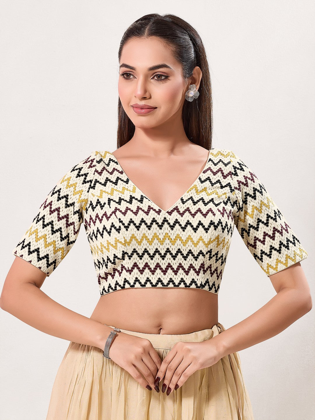 Zigzag Crocheo Elbow Sleeves Blouse