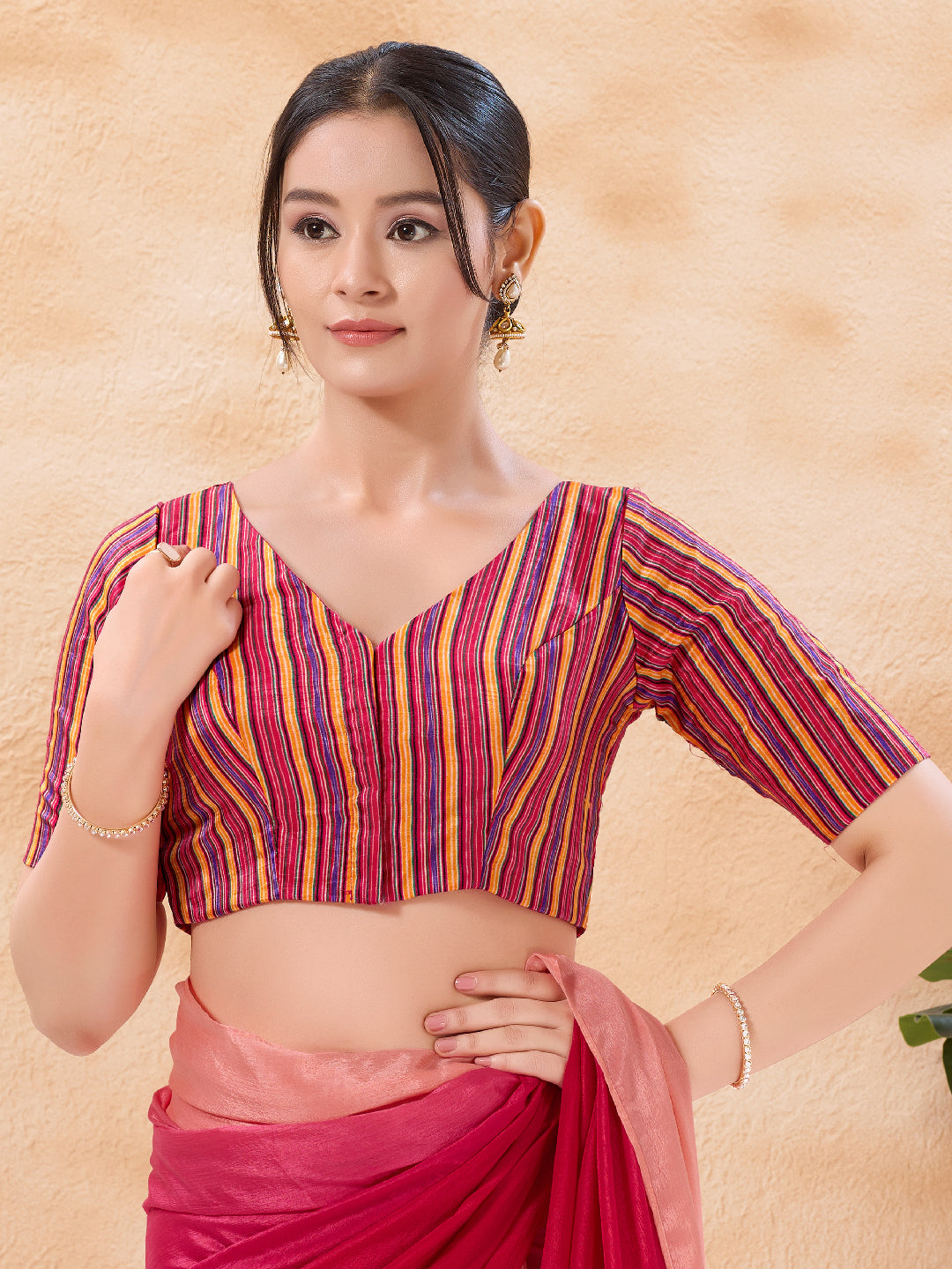 Vamas Stripe Printed High Neck Blouse