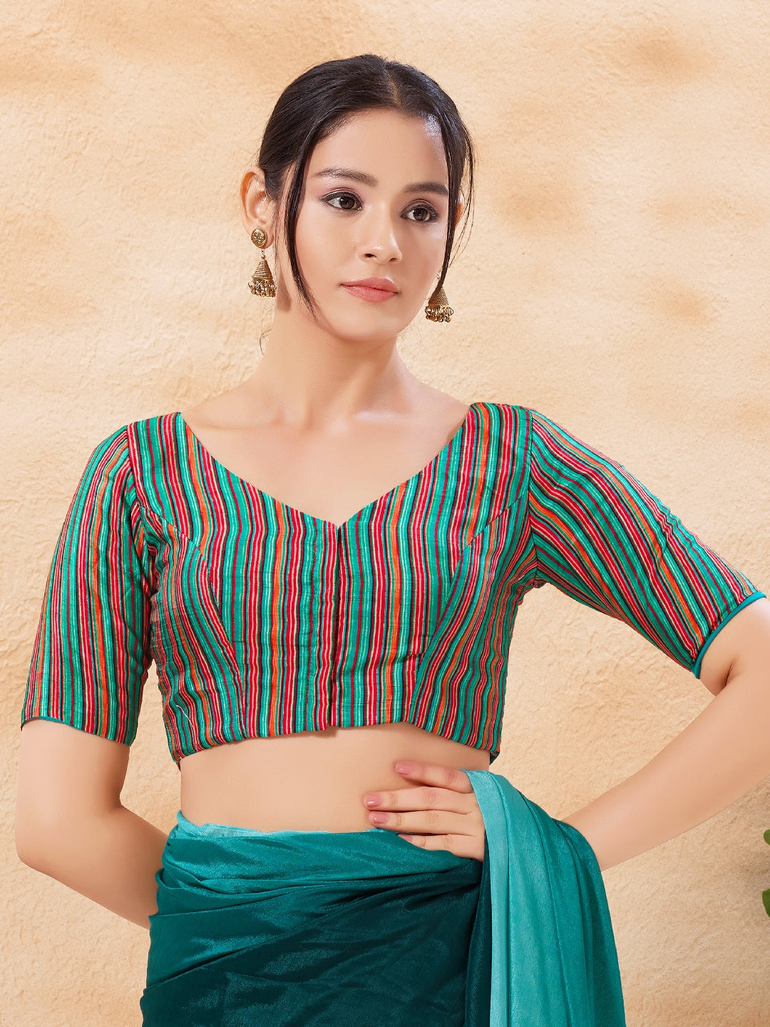 Vamas Stripe Printed High Neck Blouse