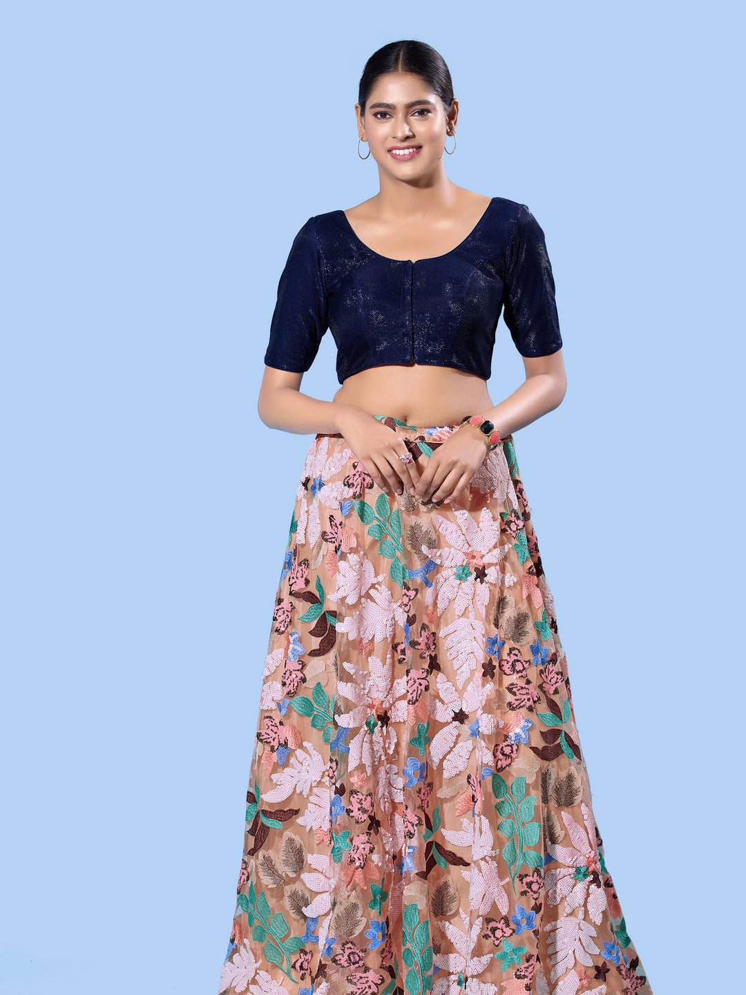 Shimmer Fabric Partywear Elbow Front Open Blouse