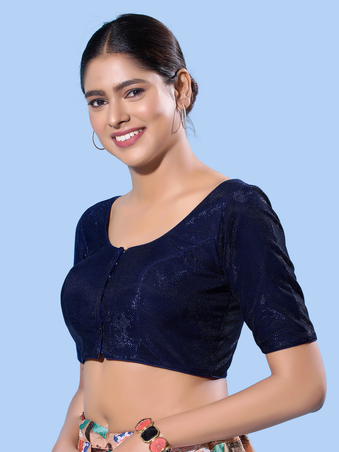 Shimmer Fabric Partywear Elbow Front Open Blouse