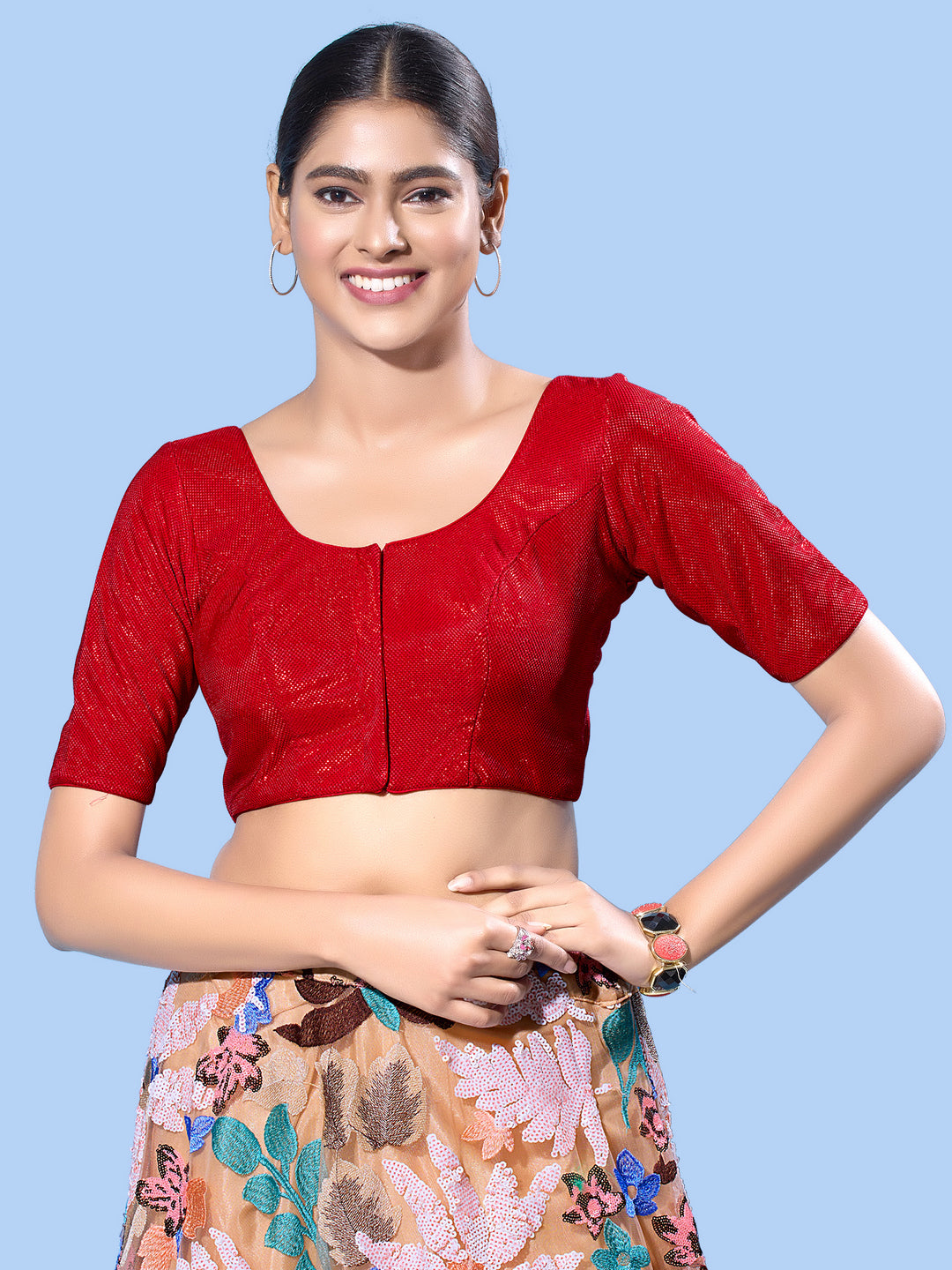 Shimmer Fabric Partywear Elbow Front Open Blouse