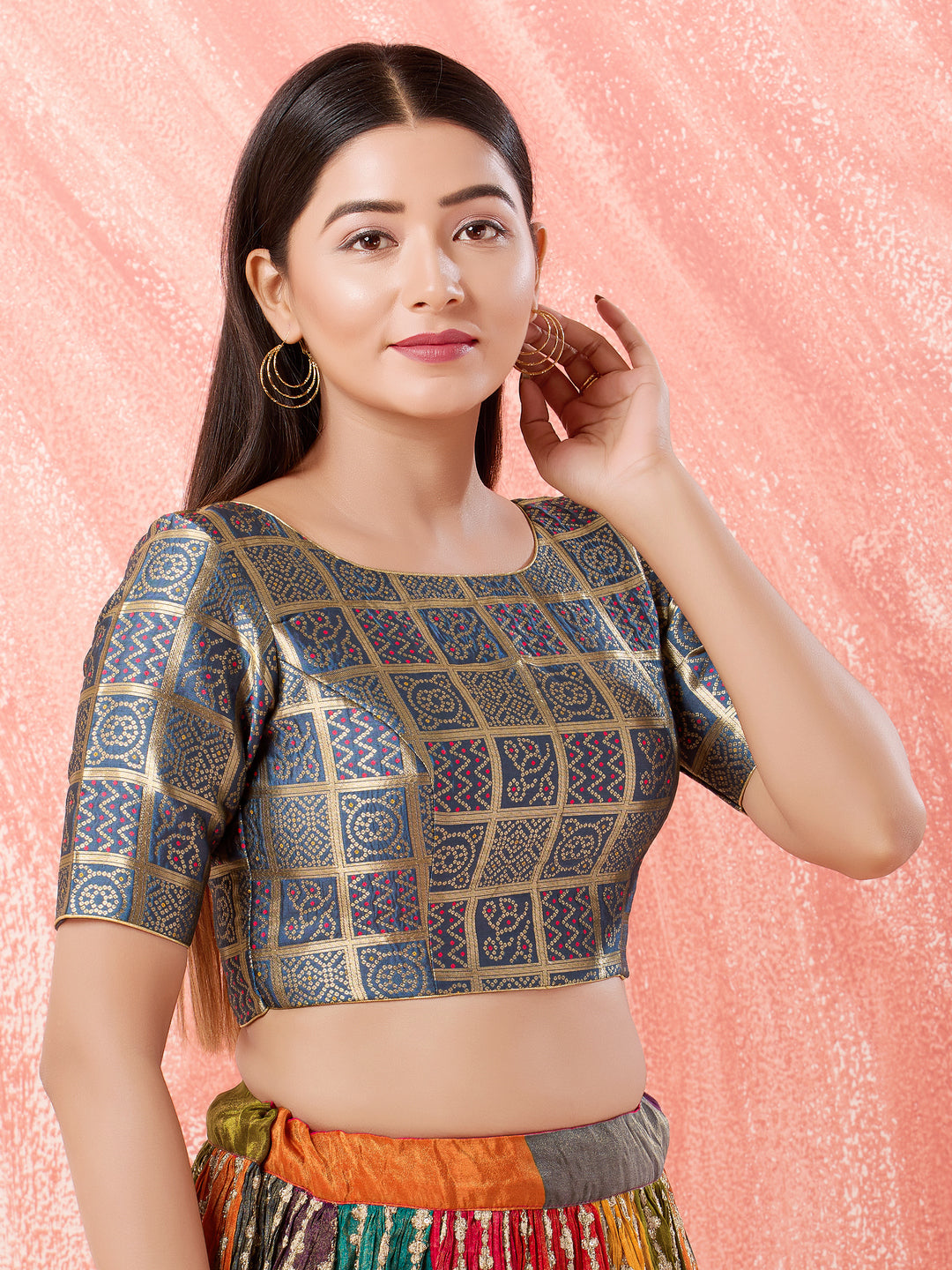 Quare Bandhani Weaved Brocade High Neck Blouse