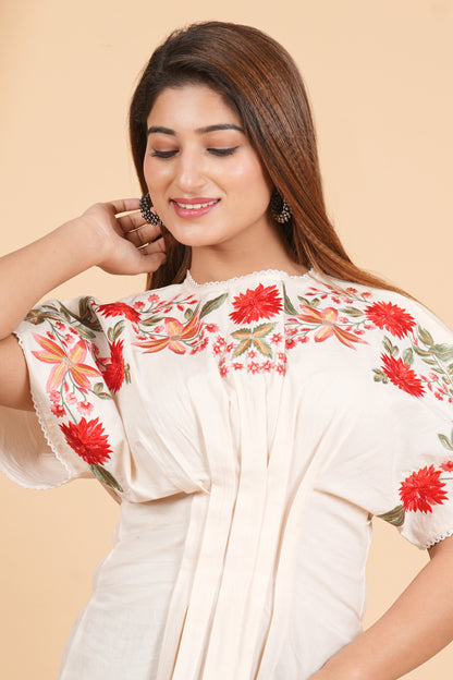 White Floral Embroidery Kaftan Style Top