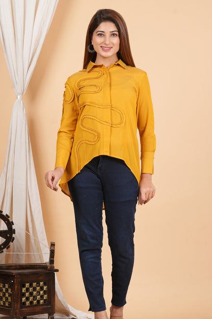 Mustard Yellow Embroidered High Low Shirt