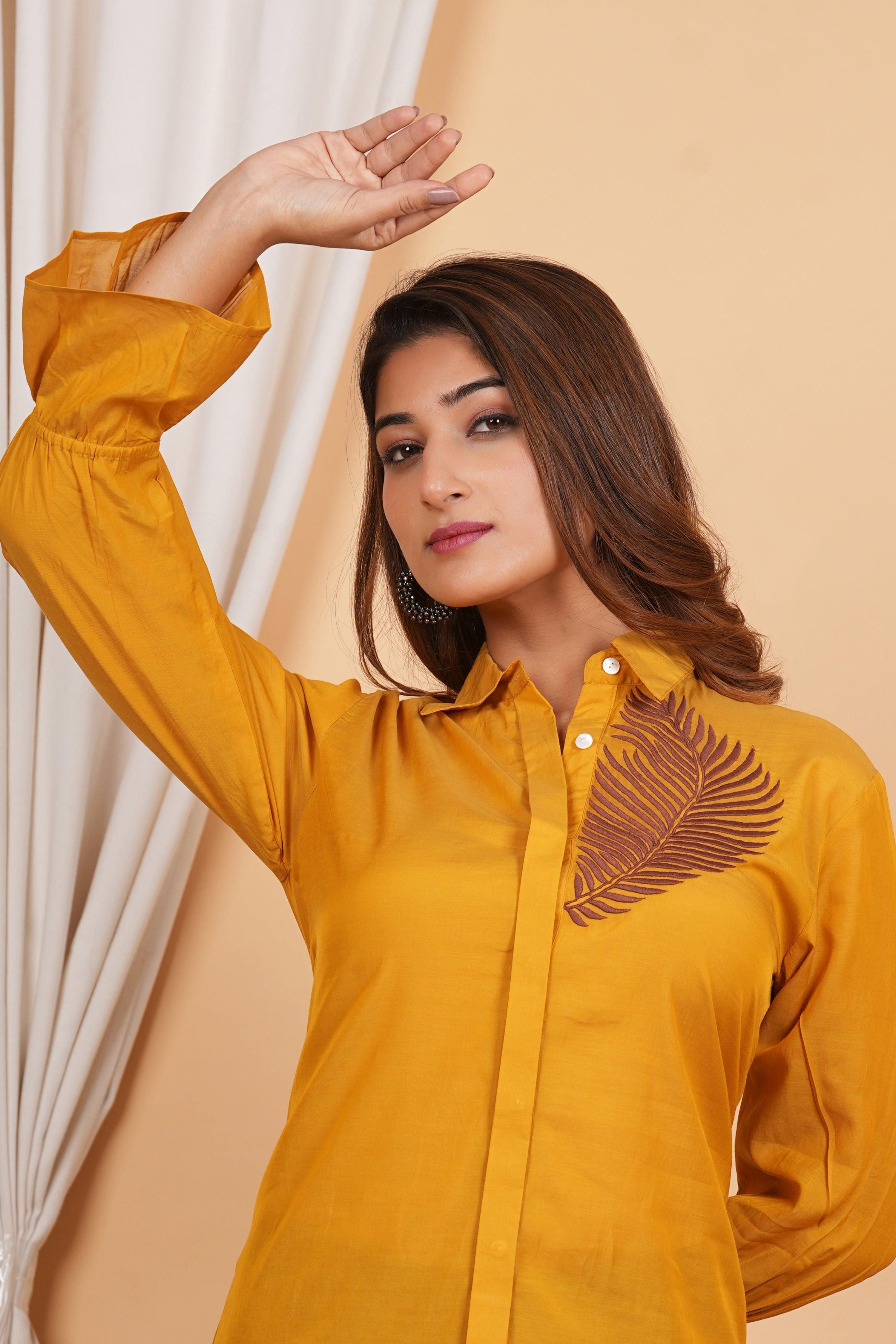 Kameez Mustard Yellow Sushi Voile Thread Embroidered Elasticated Cuff Shirt - Kaftanize