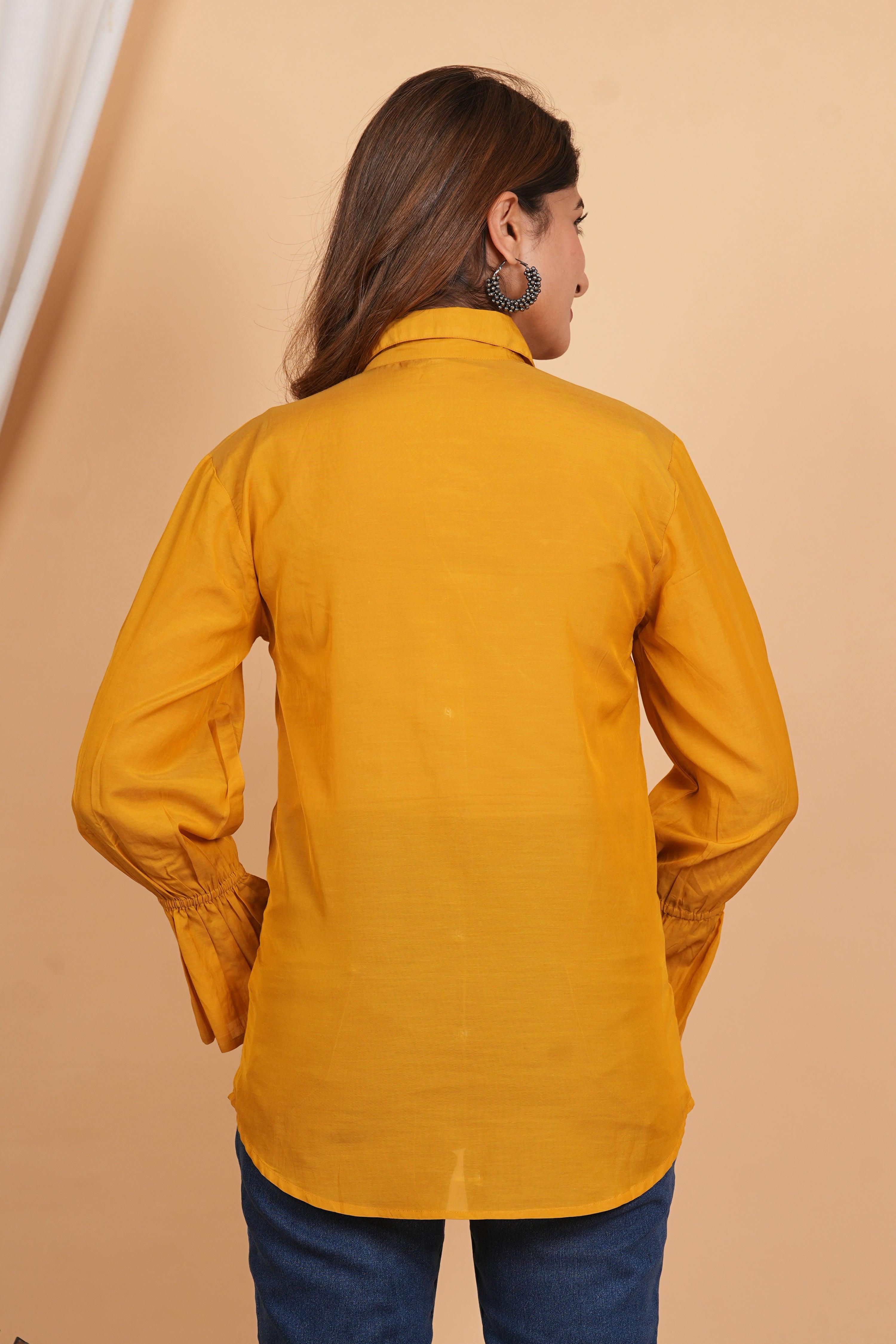 Kameez Mustard Yellow Sushi Voile Thread Embroidered Elasticated Cuff Shirt - Kaftanize