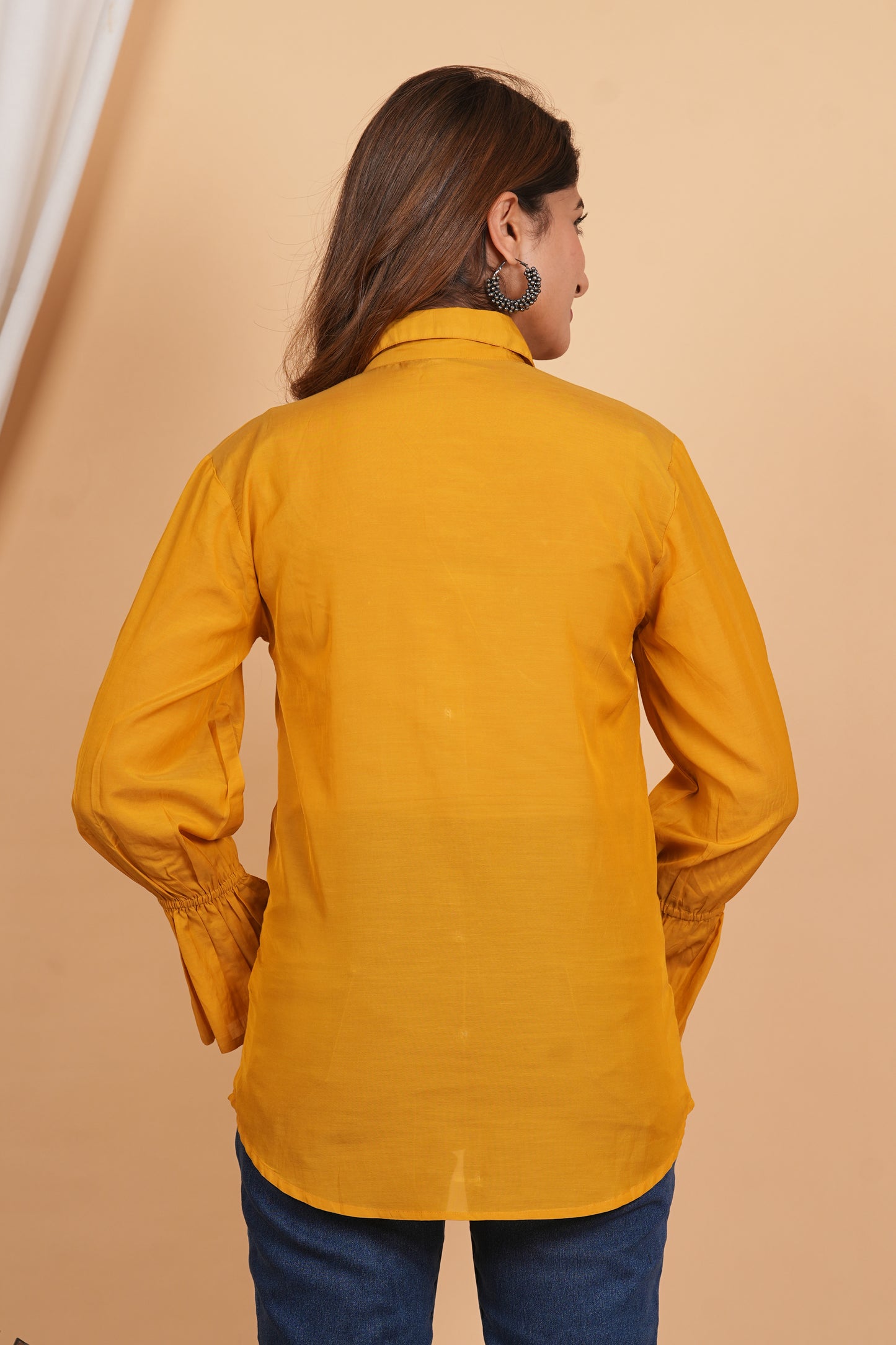 Kameez mustard yellow sushi voile thread embroidered elasticated cuff shirt