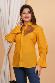 Kameez Mustard Yellow Sushi Voile Thread Embroidered Elasticated Cuff Shirt - Kaftanize