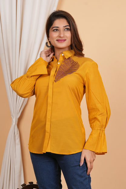 Kameez mustard yellow sushi voile thread embroidered elasticated cuff shirt