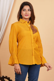 Kameez Mustard Yellow Sushi Voile Thread Embroidered Elasticated Cuff Shirt - Kaftanize