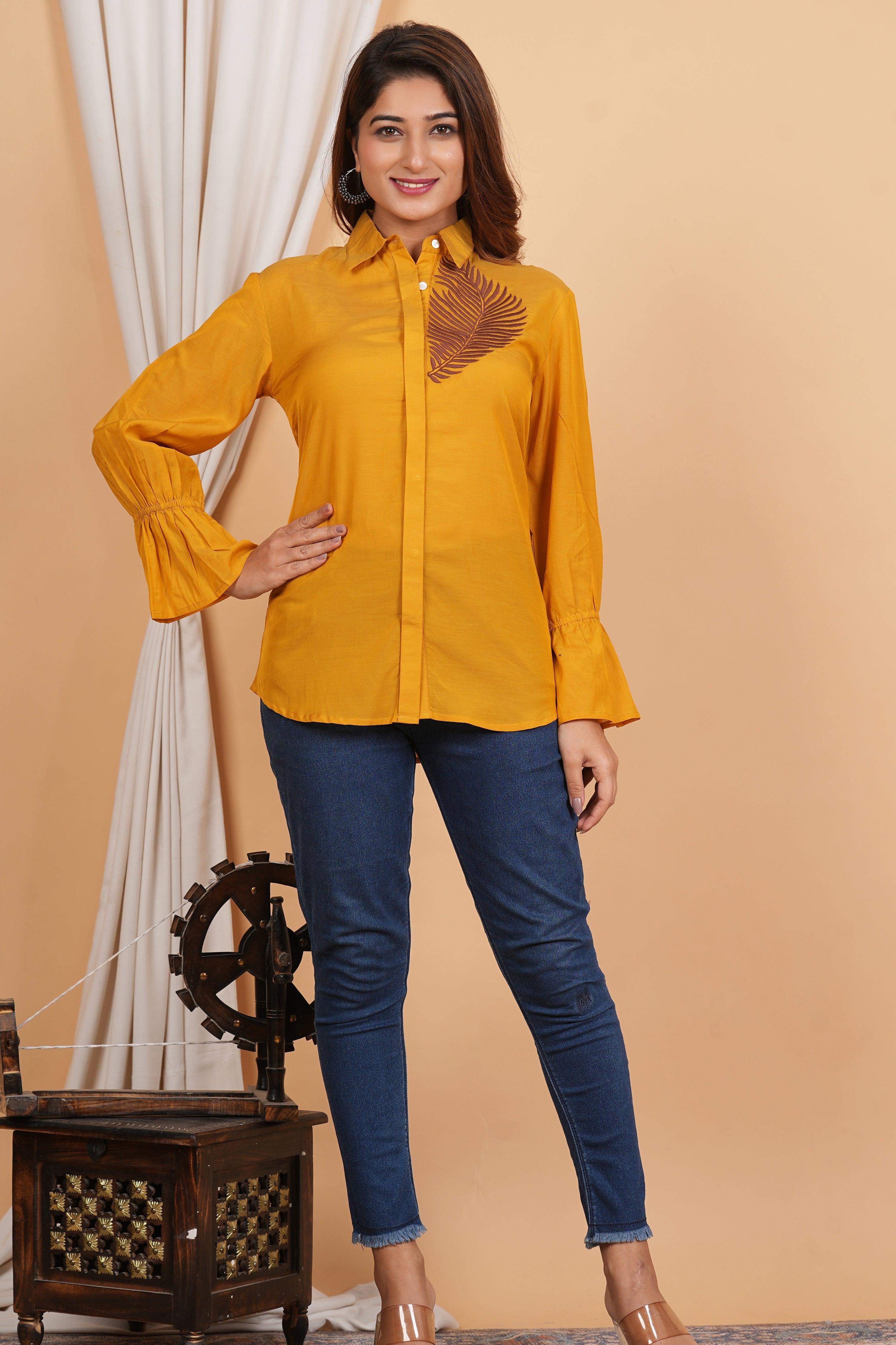 Kameez Mustard Yellow Sushi Voile Thread Embroidered Elasticated Cuff Shirt - Kaftanize