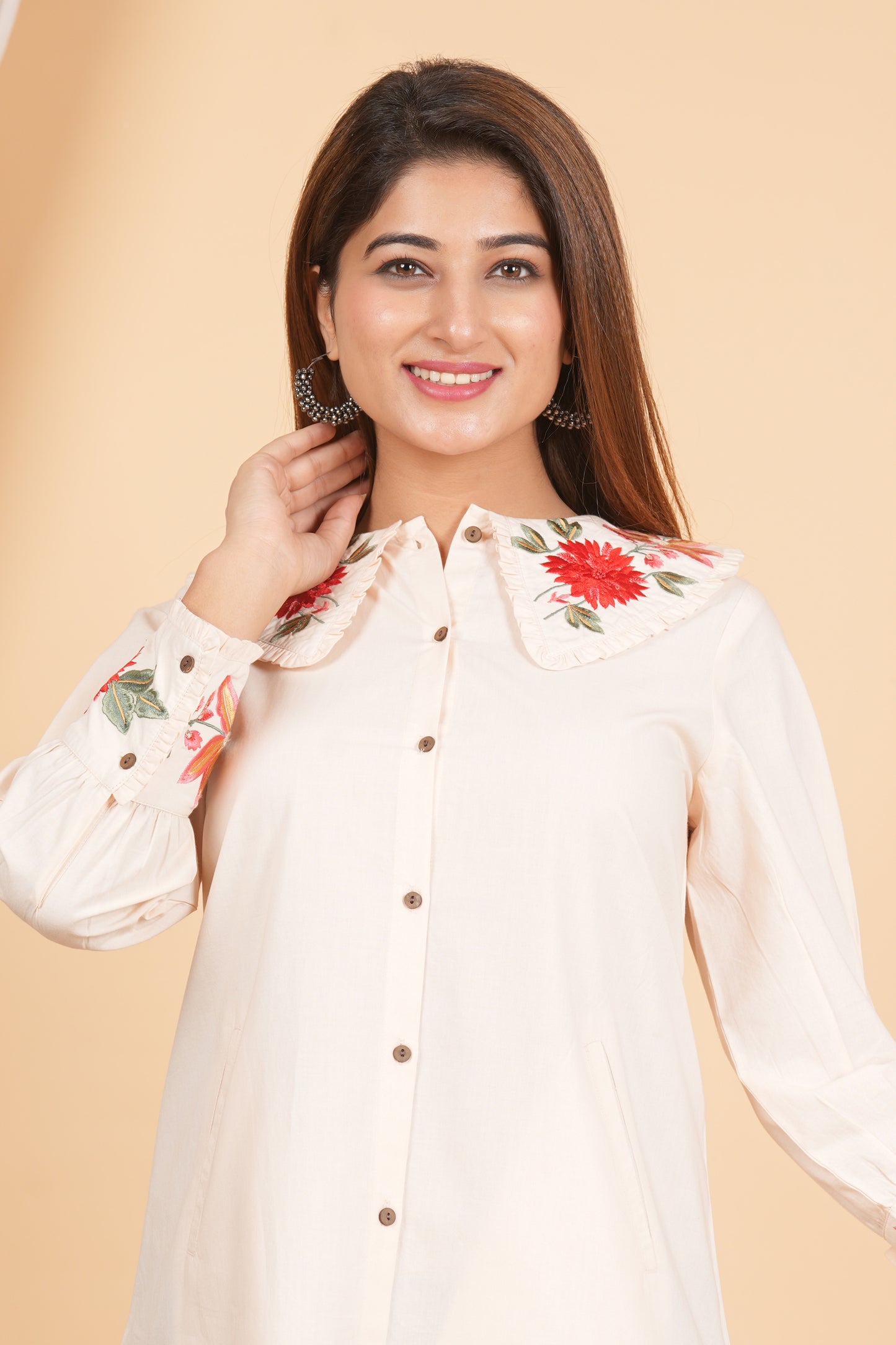 White Floral Embroidered Collar Cotton Dress
